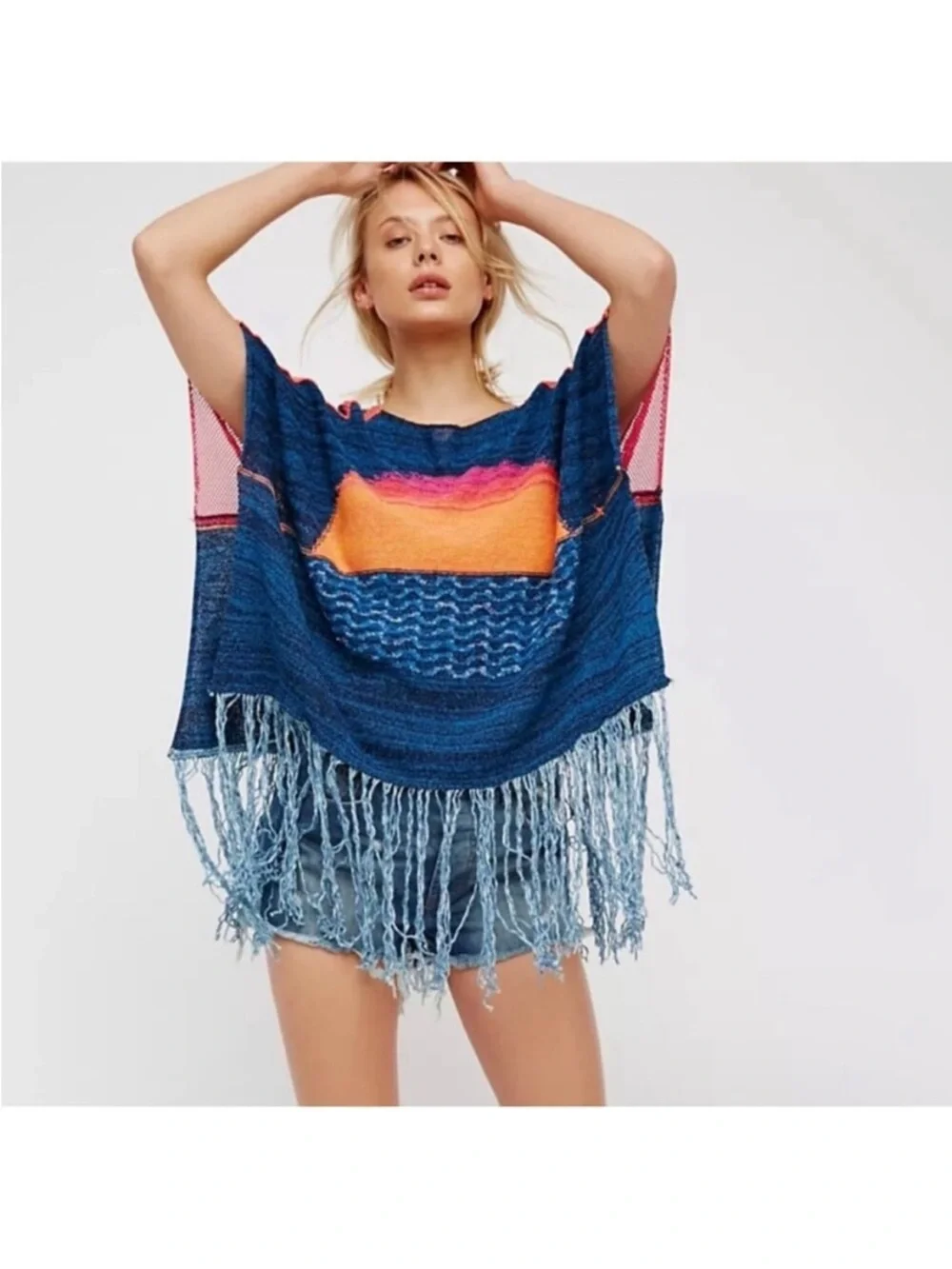 Free People Sunset Boho Fringe Poncho M/L Knit Festival Beach